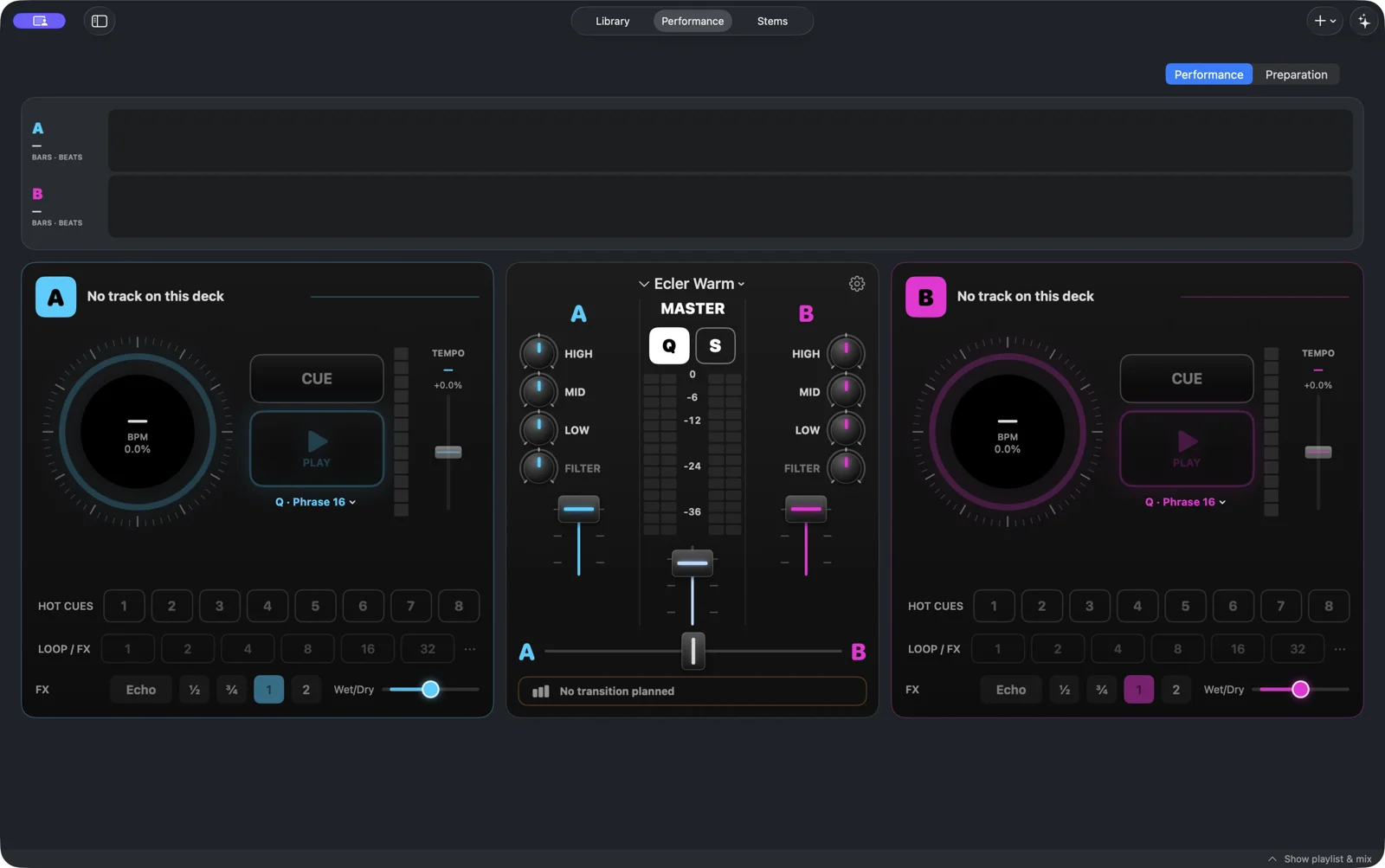 The actual A/B TEKNIQ decks and mixer, before tracks are loaded