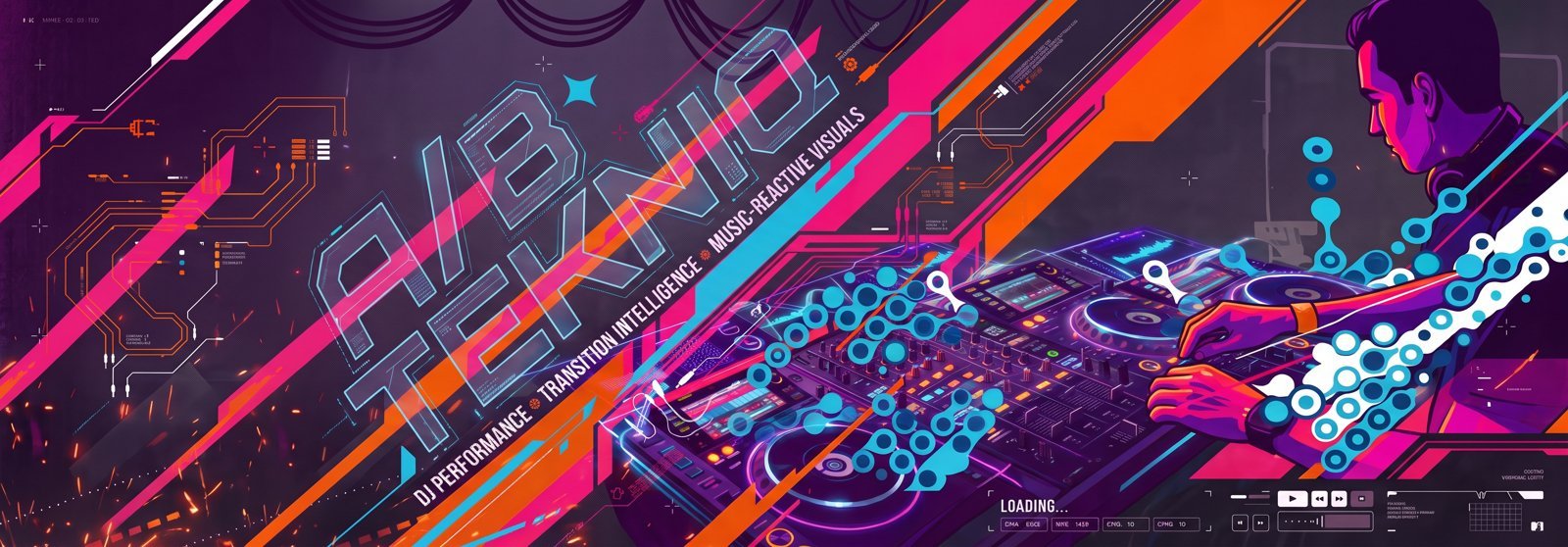 A/B TEKNIQ artwork: a DJ at the decks with pink, orange and cyan circuit lines
